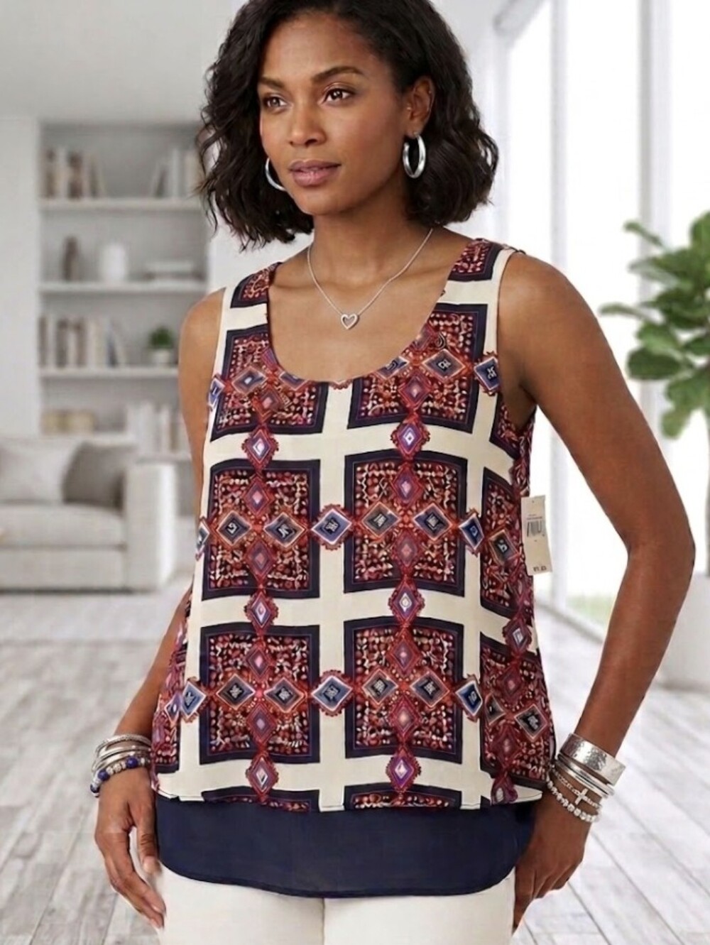 NWT LAVISH Rayon Women Geometric Print Tiered Blouse Large